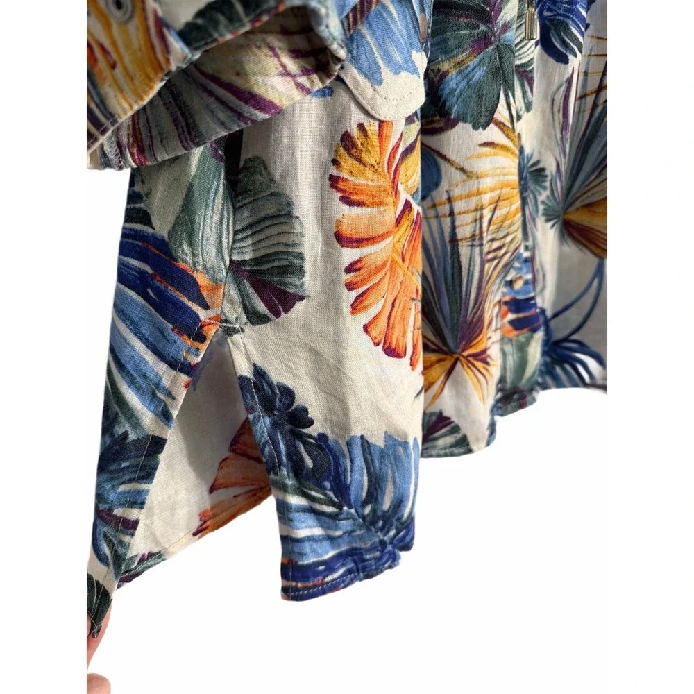 Chico's Palm-Print Tropical Linen Utility Summer Jacket Sz 3 (16/18) Resort Vaca